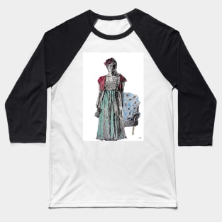 Glamorous Woman with a Red Rose in Evening Dress Watercolor and Ink Painting Baseball T-Shirt